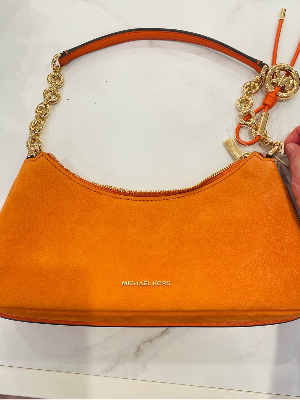Michael Kors Orange Leather Shoulder Bag with Gold Chain Accents